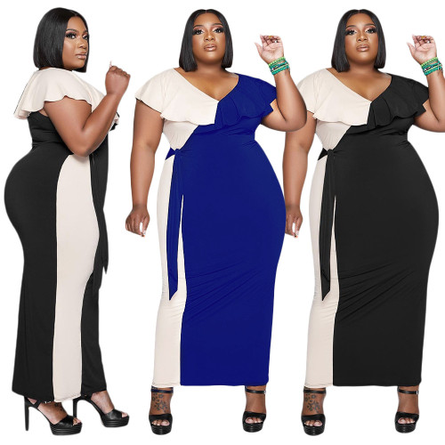 Plus Size Women's Ruffled Color Block Tie-up Party Evening Long Bodycon Dress