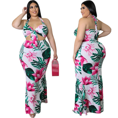 Plus Size Women Floral Print Halter Tie-up Crop Top Long Skirt Holiday Party