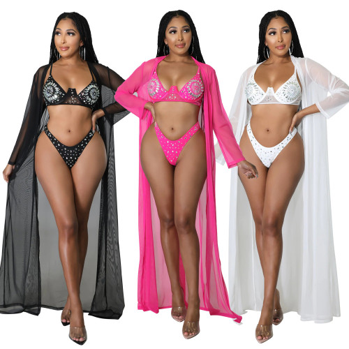 Women Sexy Three Piece Swimsuit Rhinestone Bikini Set+Sheer Cover Up Beach Swimwear