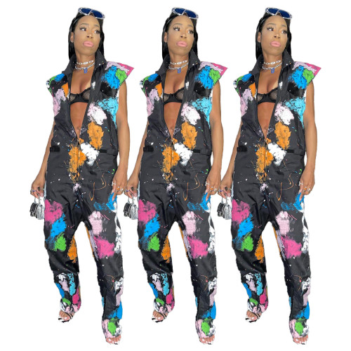 Women Fashion Allover Tie-dyed Print Collared Zipper Sleeveless Jumpsuit Party