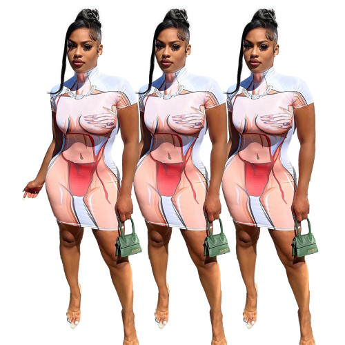 Women Sexy Cartoon Print Short Sleeve Bodycon Dress Summer Clubwear