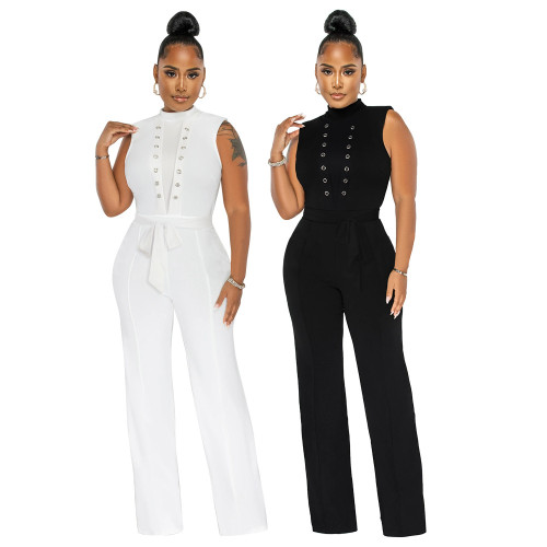 Women's Sexy Solid Color Sleeveless Round Neck Wide Leg Pants Jumpsuit