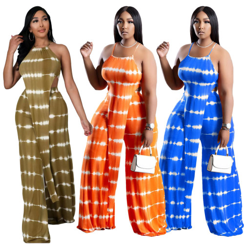 Fashion women's solid color striped suspender top trousers two-piece suit