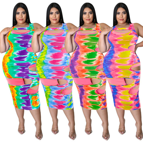 Summer Plus Size Women Tie-dye Print Hollow Out Sleeveless Bodycon Dress Casual