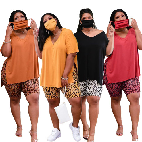 Women Plus Size Short Sleeve Slit Loose T-shirt Leopard Print Shorts with Mask