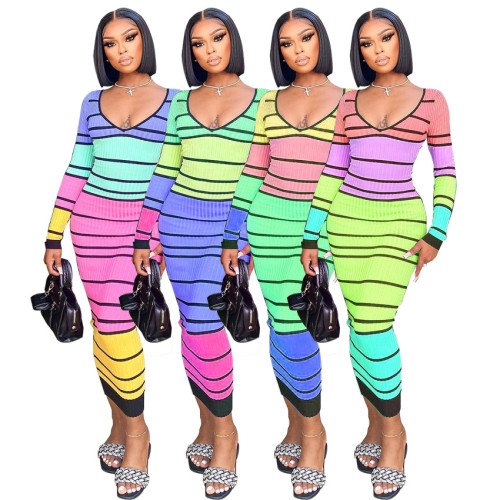 Women's Sexy Multicolor Striped V-Neck Slim Dress