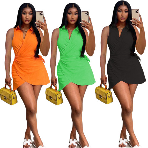 Fashion Women Summer Sleeveless Solid Color Strap Sexy Dress