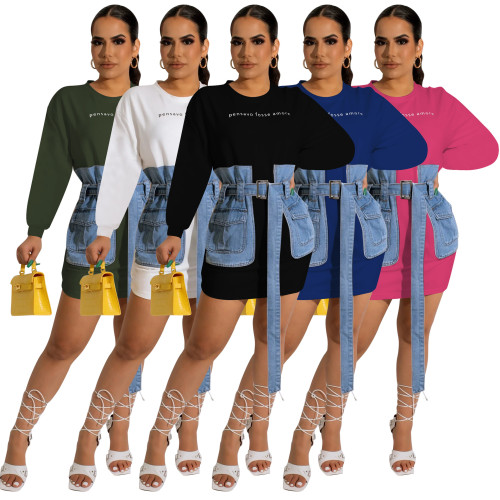 Women's Sexy Long Sleeve Letter Embroidered Denim Patchwork Belted Casual Dress