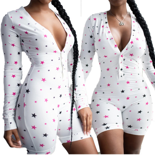 Women Sexy Star Print Single-breasted V Neck Long Sleeve Bodycon Jumpsuit Casual Sleepwear