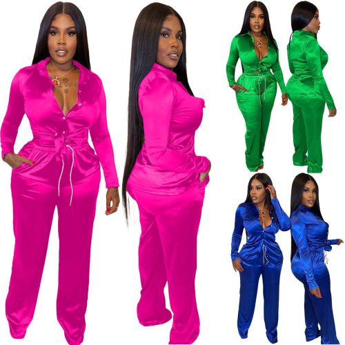 Women's Fashion Stretch Satin Single Breasted Shirt Lace Up Pants Casual Two Piece Set
