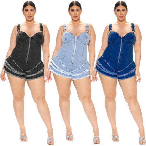 Women's Fashion Plus Size Jumpsuit Zipper Tiered Denim Overall Romper Shorts