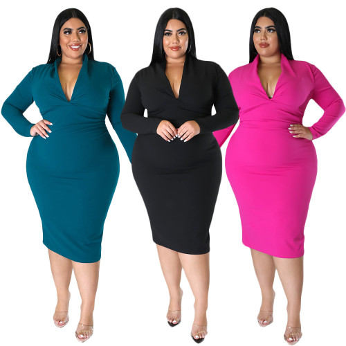 Plus Size Women's V-Neck Solid Color Long Sleeve Pleated Dress