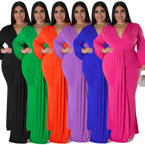 Plus Size Women's Solid Color Sexy Deep V Neck Long Sleeve Dress
