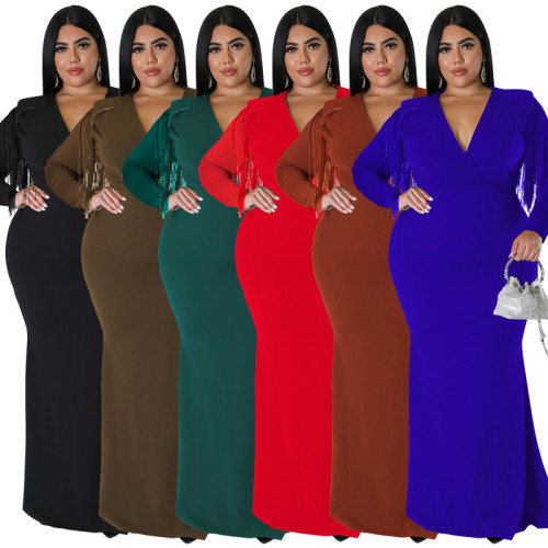 Plus Size Women's Sexy Long Sleeve Tassel Solid Color Deep V Neck Dress