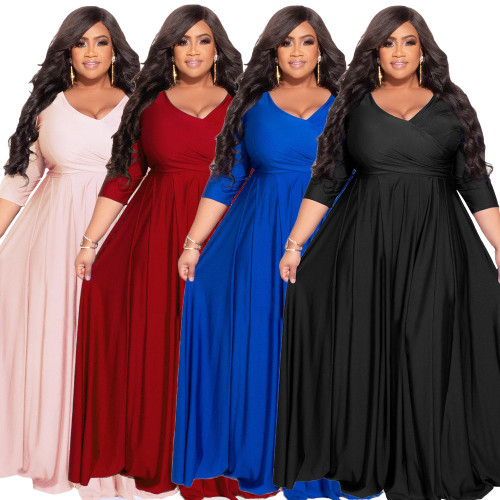 Plus Size Women's Solid Color V-Neck Floor Length Dress