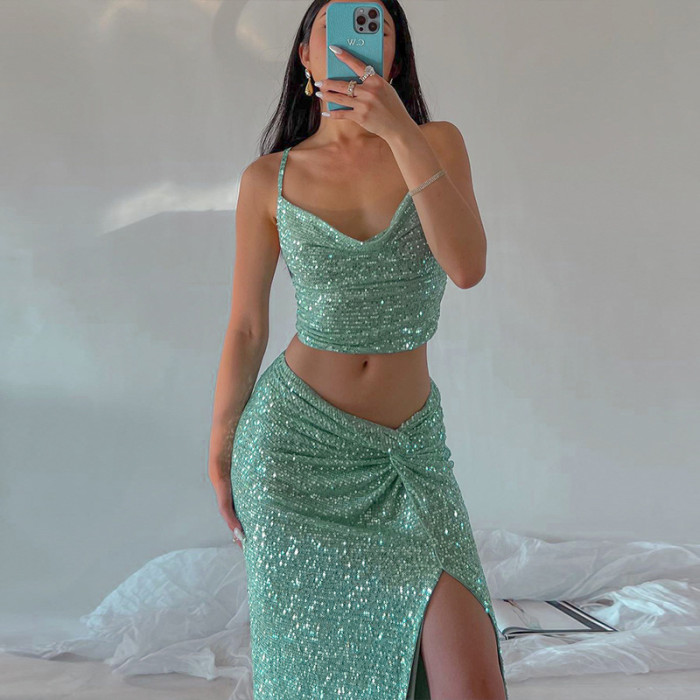 Women's New Sequin Camisole + Slit Skirt Sexy Two-piece Set