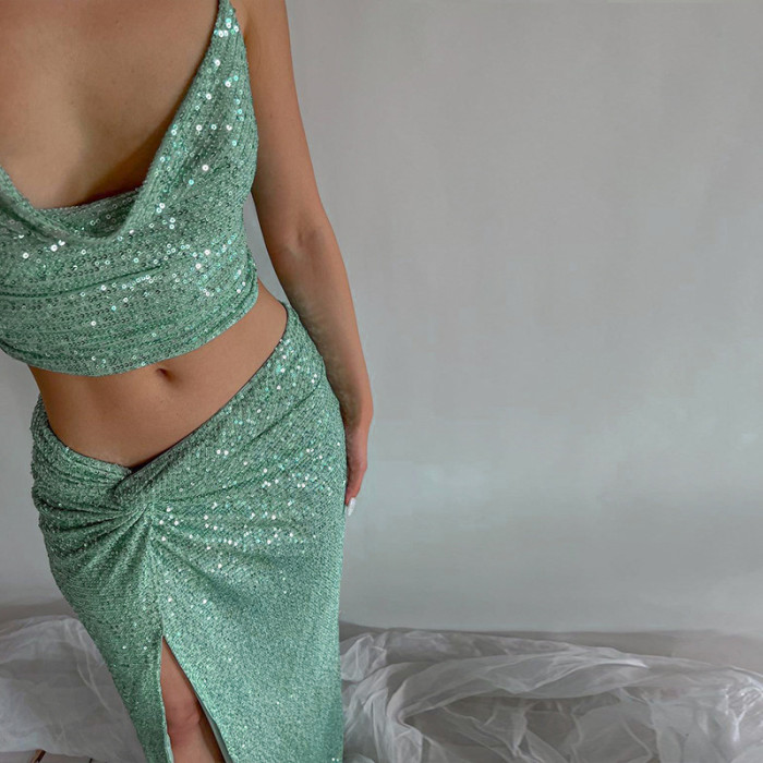 Women's New Sequin Camisole + Slit Skirt Sexy Two-piece Set