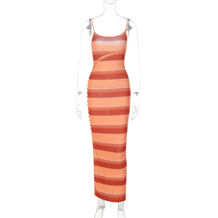 Women's Sexy Striped Print Maxi Slim Fit Single Breasted French Rib Dress