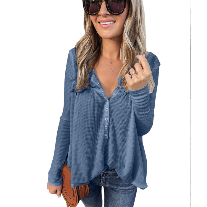 Women's Solid Color Simple Buttoned Long Sleeve T-Shirt