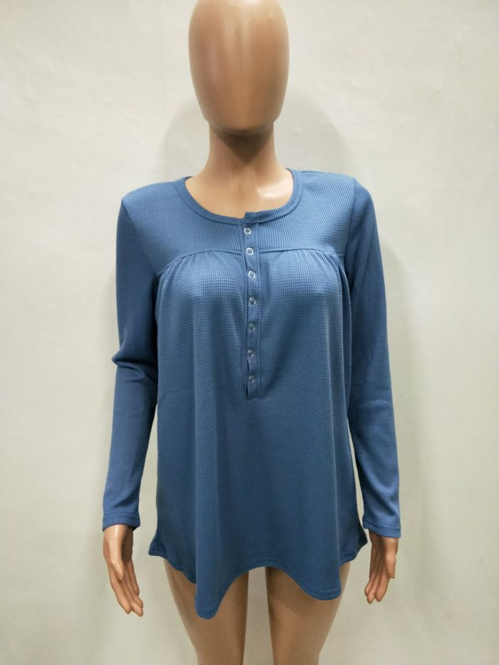 Women's Solid Color Simple Buttoned Long Sleeve T-Shirt