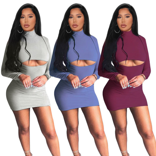 Sexy women's fashion hollow high neck solid color package hip dress