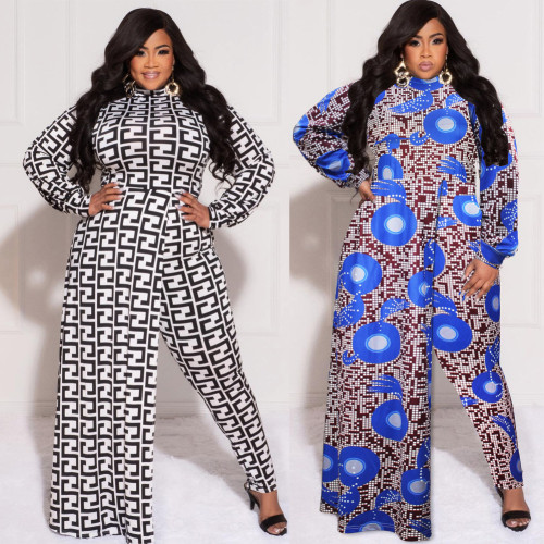 Plus size women's fall long-sleeved printed fake two-piece jumpsuit