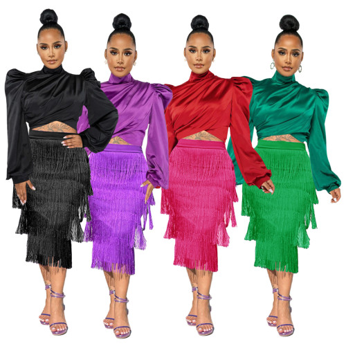 Women's solid color high collar bubble sleeve plunging top + flowing tassel half skirt two-piece set