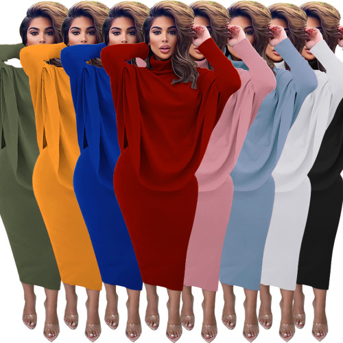 Women's solid color slit ribbed cotton high-collar long-sleeved top + half-body skirt set two-piece