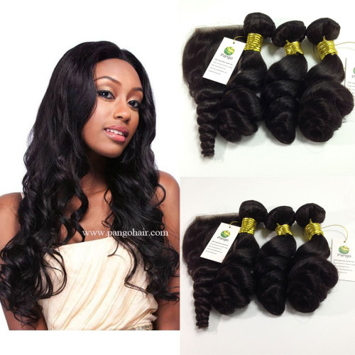11A Human Hair Loose Wave 3 Bundles With Closure 100% Unprocessed Virgin Remy  Hair Weave Human Hair Extensions Natural Black Color Pango 
