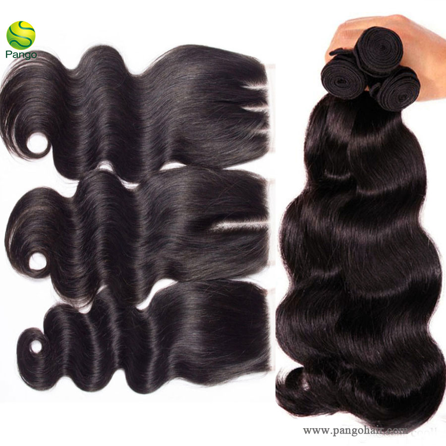 10a human hair body wave 3 bundles with closure 100% unprocessed virgin  remy hair weave human hair extensions natural black color pango