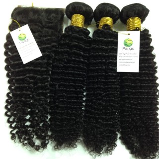 11A Human Hair Kinky Curly 3 Bundles With Closure 100% Unprocessed Virgin Hair Weave Human Hair Extensions Natural Black Color Pango