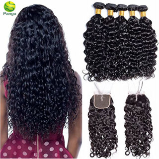 11A Human Hair Curly Wave 3 Bundles With Closure 100% Unprocessed Virgin Remy Hair Weave  Human Hair Extensions Natural Black Color Pango
