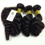 11A Human Hair Loose Wave 3 Bundles With Closure 100% Unprocessed Virgin Remy Hair Weave  Human Hair Extensions Natural Black Color Pango