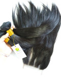 9A Human Hair Straight 3 Bundles With Closure 100% Unprocessed Virgin Hair Weave Human Hair Extensions Natural Black Color Pango