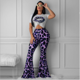 Casual lip print shirt + leopard print high-waisted bell bottom pants two-piece set ZS-087