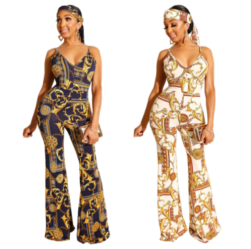 Printed double v-neck jumpsuit with gold chain and suspenders ZS-084