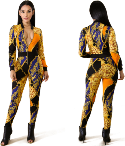 Printed jumpsuit with gold chain ZS-048