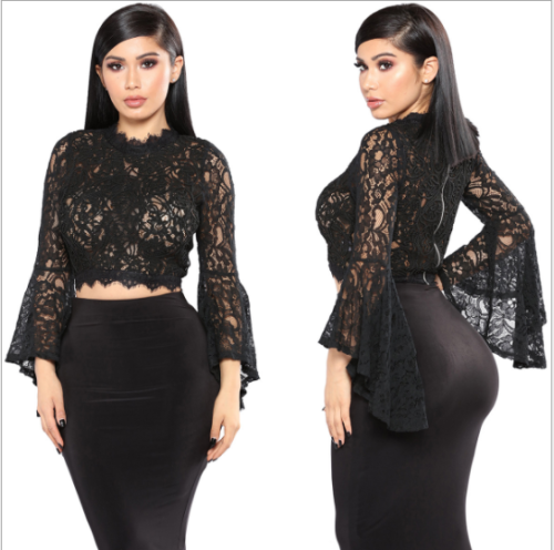 Embroidered lace dress short flared long sleeved hollowed-out T-shirt ZS-080