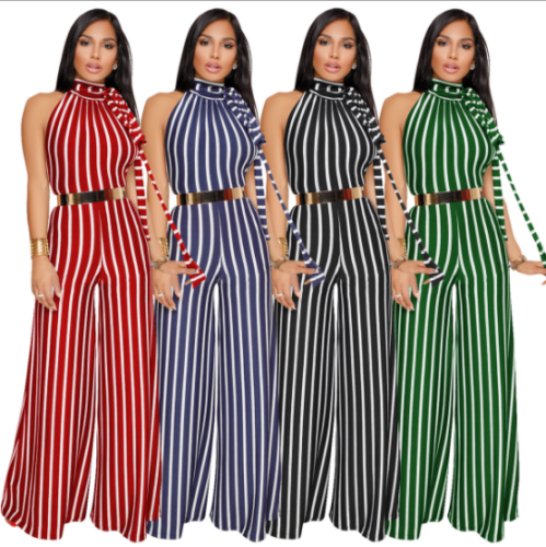 Striped wide-legged jumpsuit with a bare back ZS-001