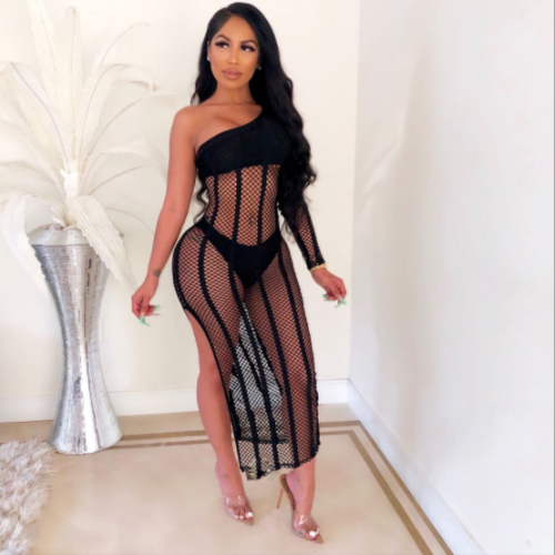 Sexy see-through mesh slant shoulder two-piece dress ZS-217