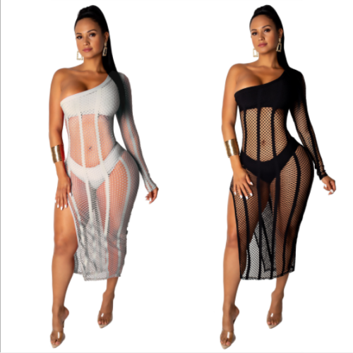 Sexy see-through mesh slant shoulder two-piece dress ZS-217