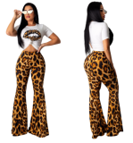 Casual lip print shirt + leopard print high-waisted bell bottom pants two-piece set ZS-087