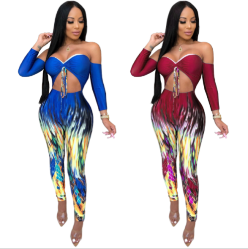 Sexy printed jumpsuit with chest wrap ZS-227