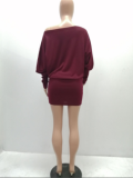 Sexy inclined shoulder neck knit batwing coat long-sleeved dress YS-317