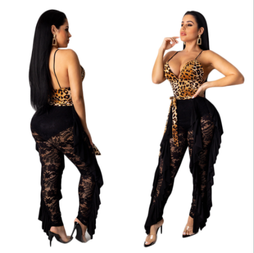 Sexy hollowed-out v-neck panty suit with leopard print lace SN-3693