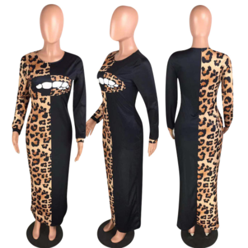 Fashion casual long sleeve leopard print lip dress night club dress WRLZ-8236