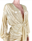 Deep v-neck sexy skirt dress with sunken strip and gold stamping zipper ASL-6087