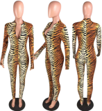 Fashion casual sexy tiger-print zipper jumpsuit nightwear