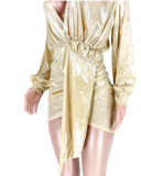 Deep v-neck sexy skirt dress with sunken strip and gold stamping zipper ASL-6087