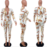 Printed large gold chain deep V jumpsuit OYF-8019